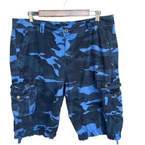 Gorpcore Cargo Shorts Mens 38 Blue Camo Utility‎ Technical Cotton Outdoor Hiking